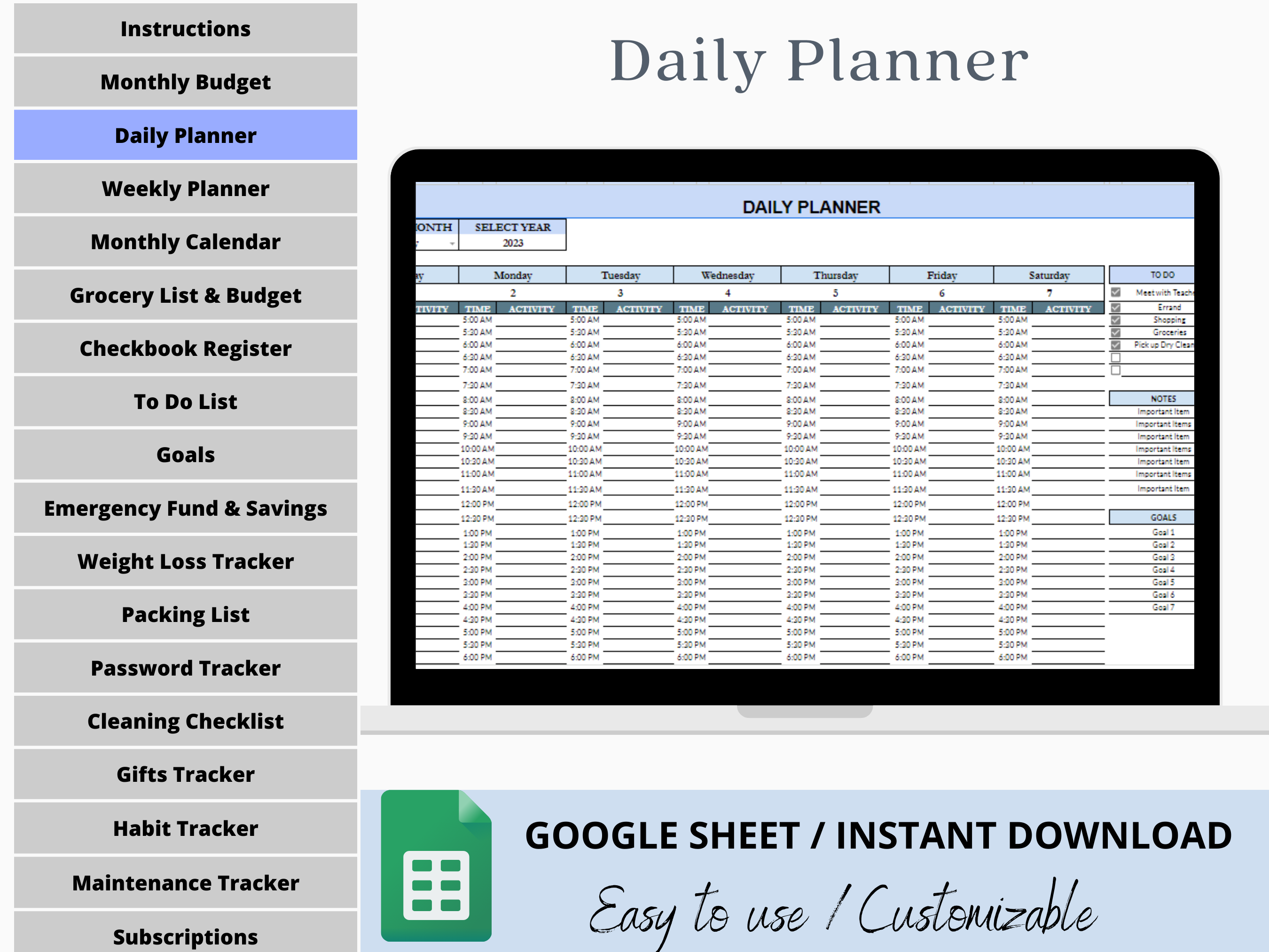 Google Sheets Weekly Digital Planner